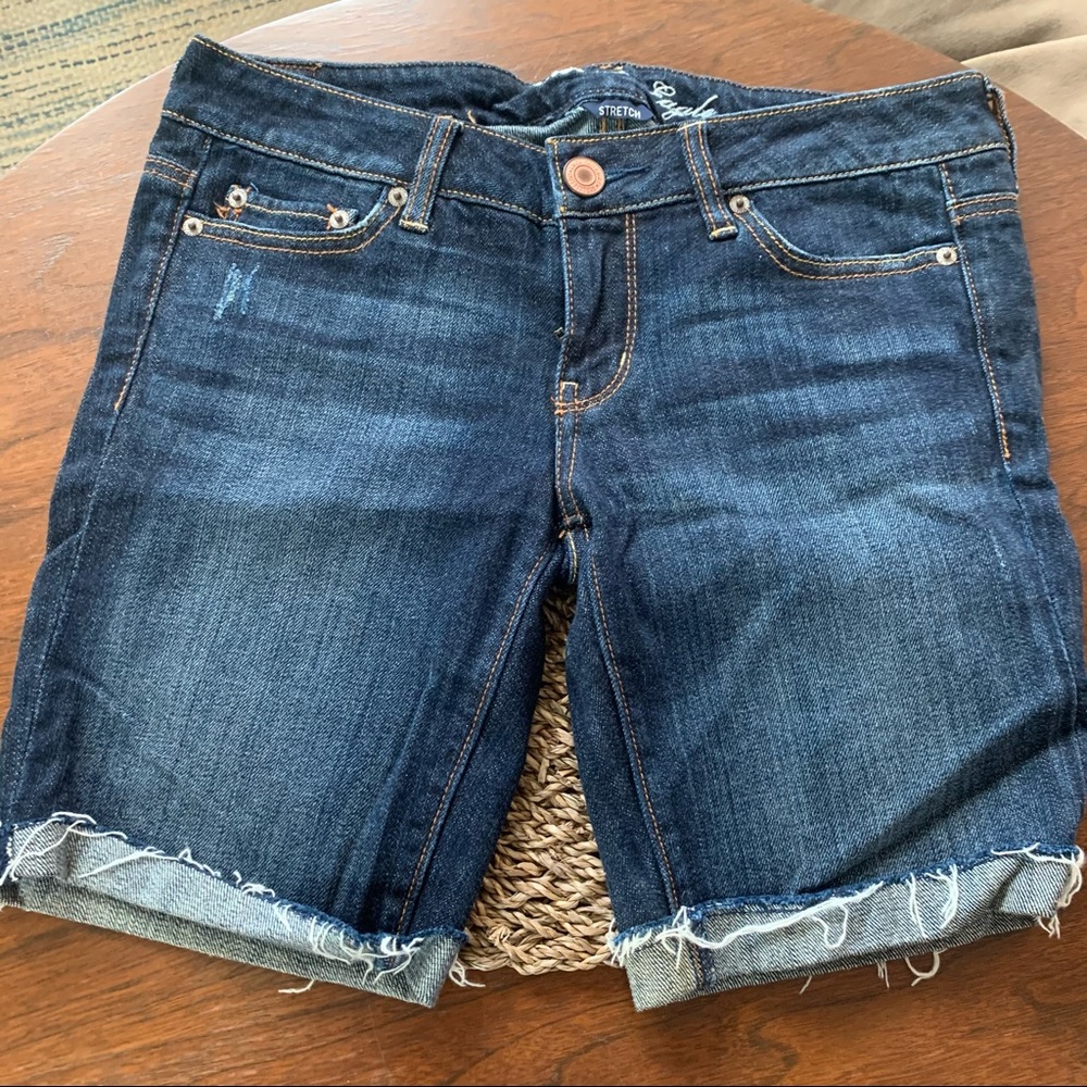 American Eagle Denim Midi Shorts with Raw Hem